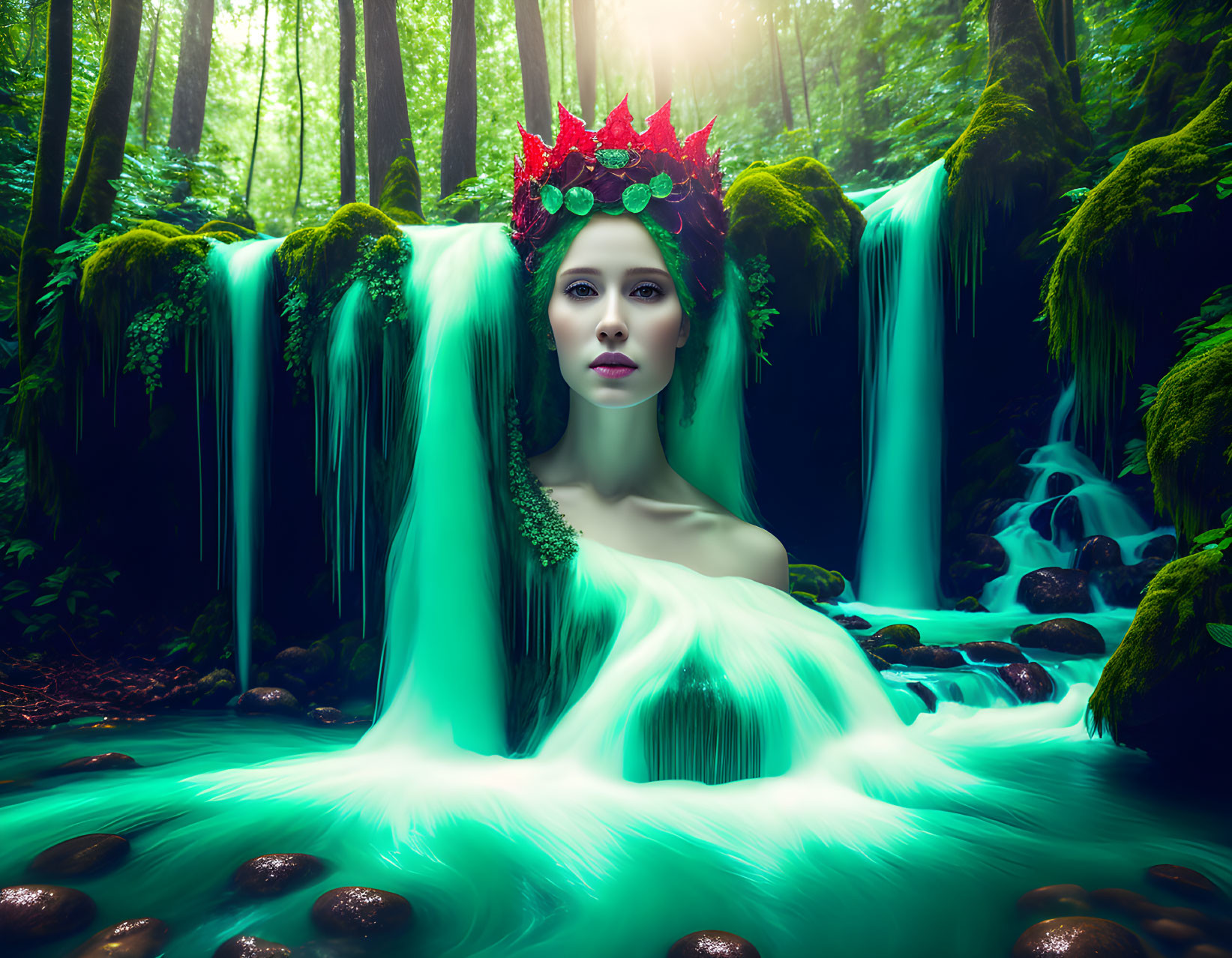 Woman with red crown merges into turquoise waterfalls in lush forest