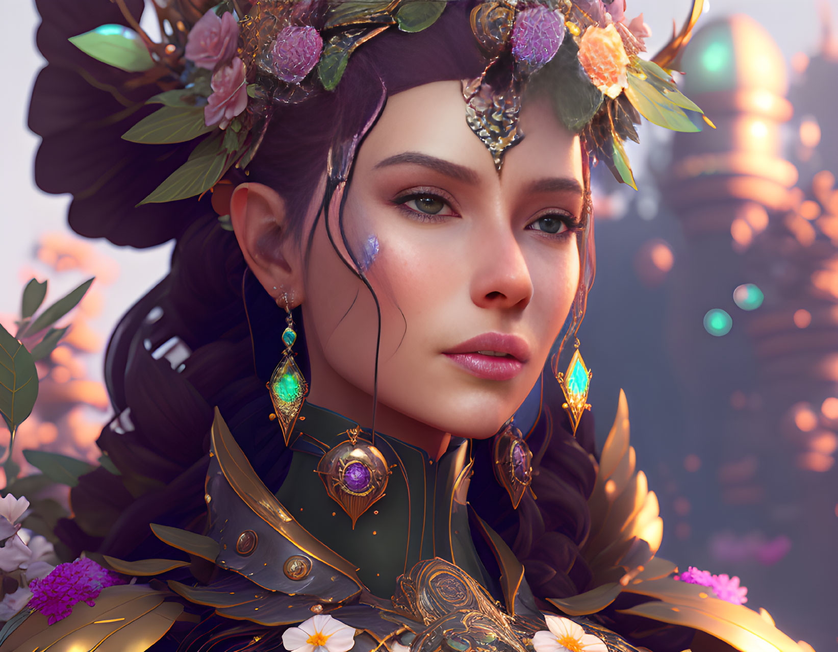 Intricate portrait of a woman in floral headpieces and golden armor