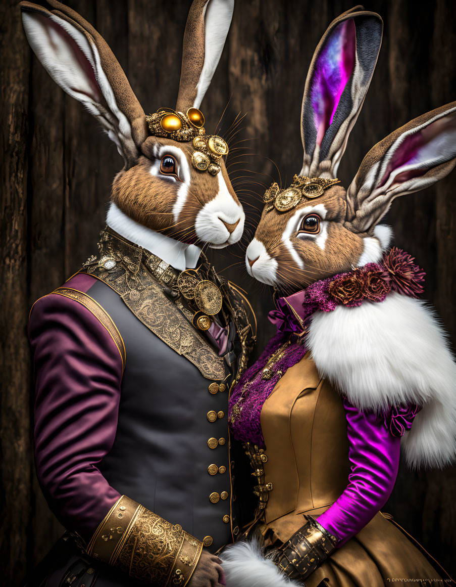 Steampunk-themed anthropomorphic rabbits in intricate attire on wooden backdrop