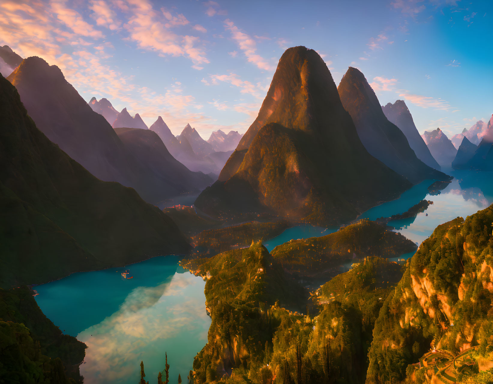 Tranquil lake and mountains under sunrise sky