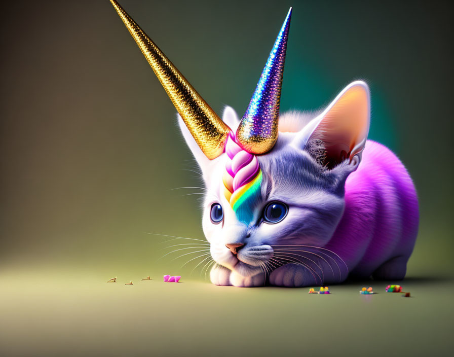 Colorful Kitten with Rainbow Mane and Unicorn Horns Illustration