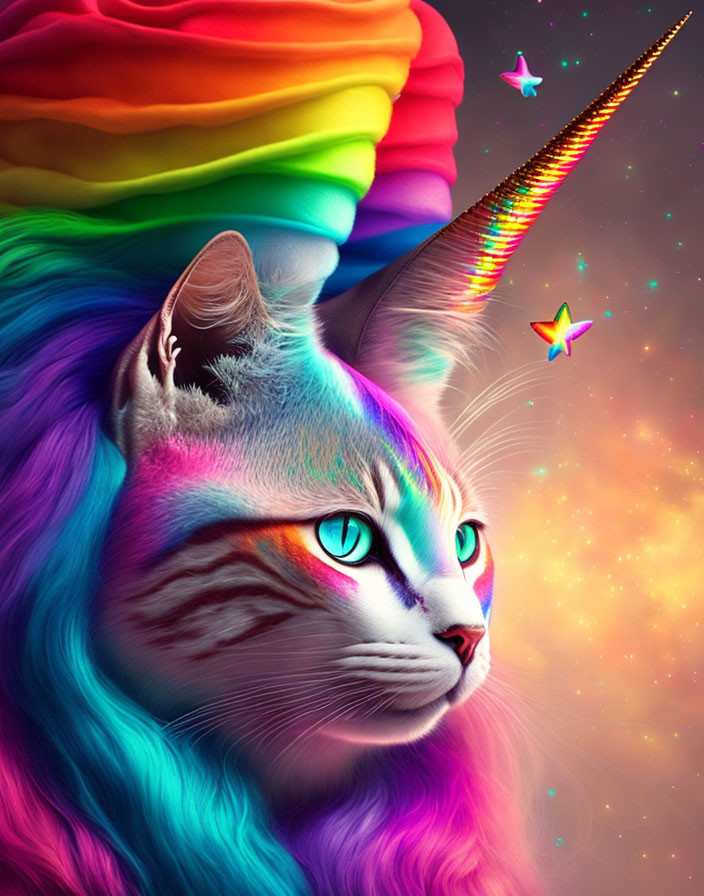 Colorful digital artwork: Cat with multicolored mane and unicorn horn in cosmic setting