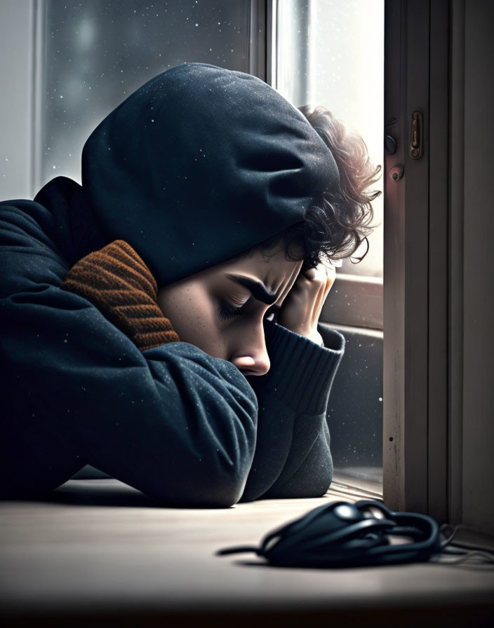 Person in Hooded Top Resting Head by Window with Snowflakes