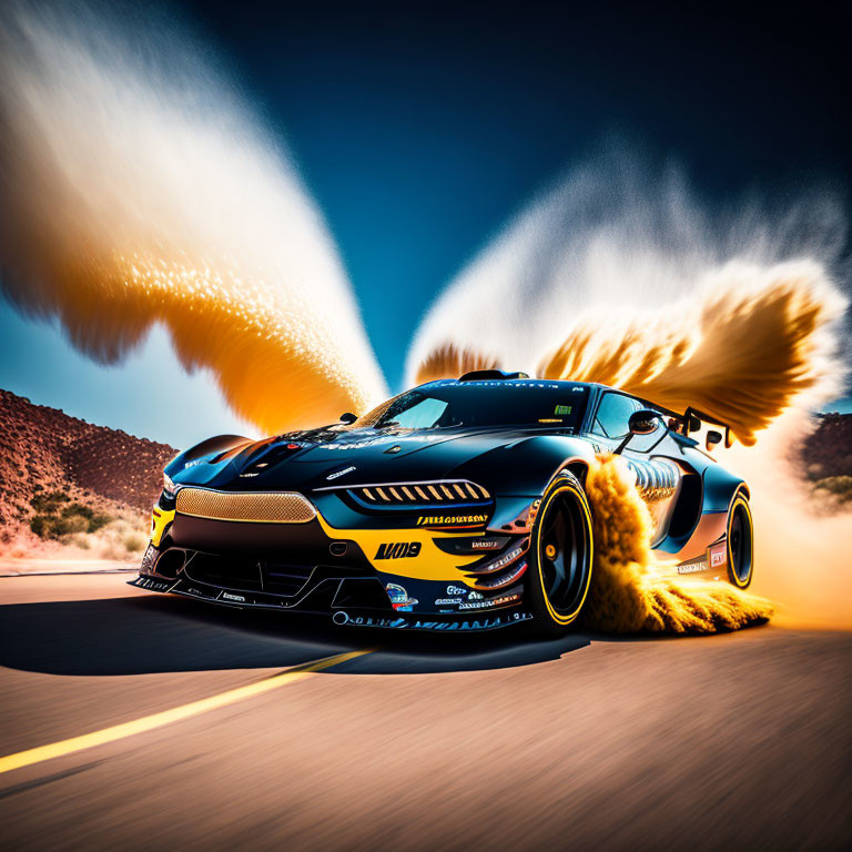 Black and gold race car speeding with fiery motion blur effects