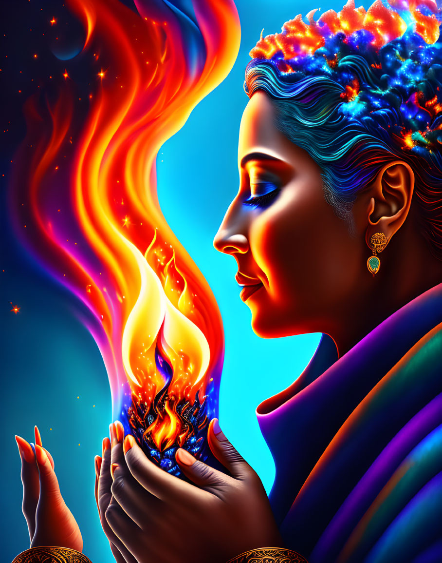 Vibrant illustration of woman with blue skin and fiery elements on cosmic background