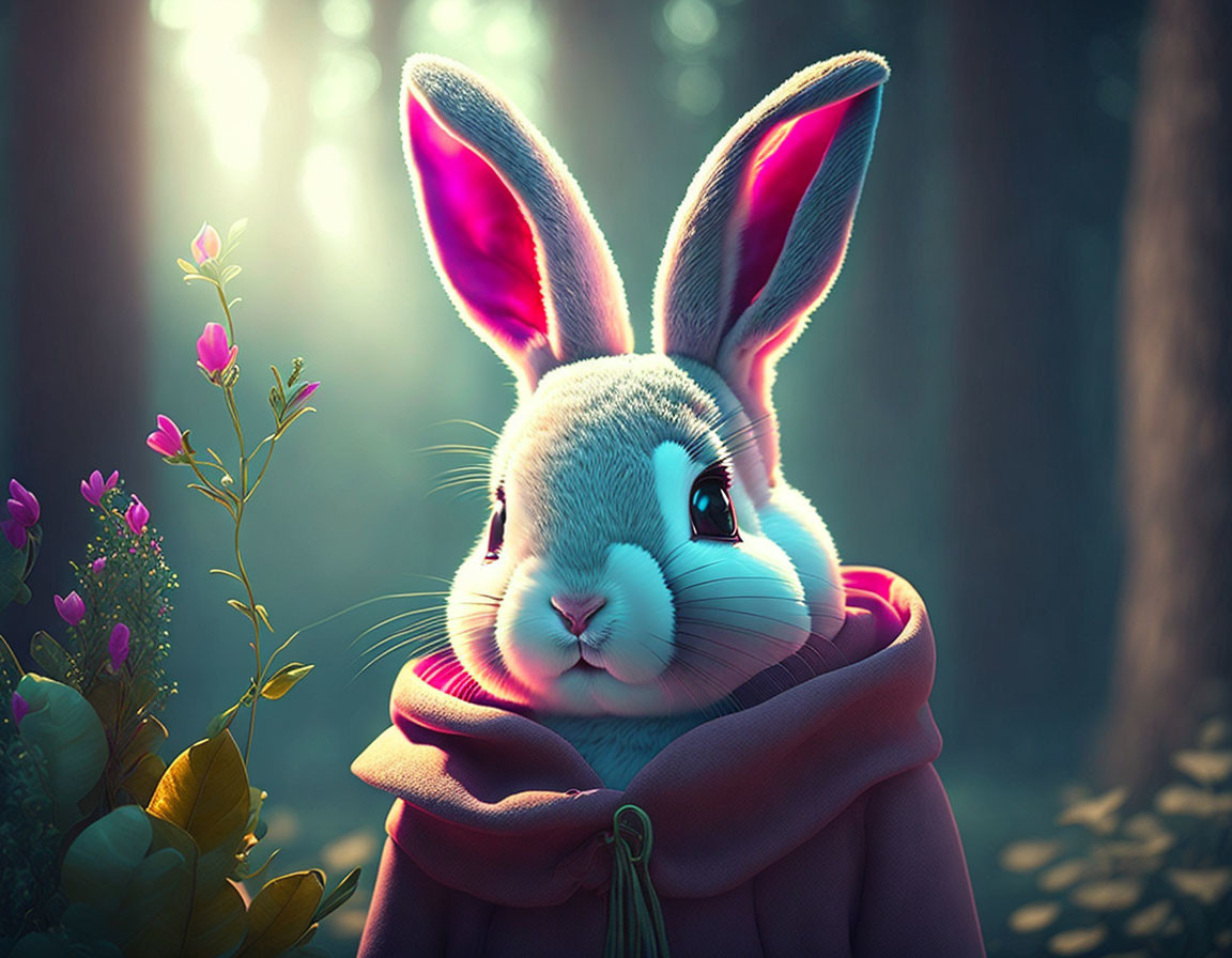 Anthropomorphic rabbit in red scarf in mystical forest with sunlight.