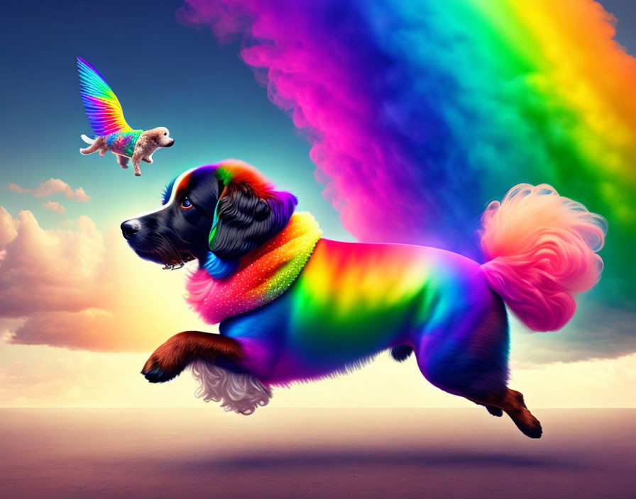 Colorful flying dog and winged puppy in vibrant image.