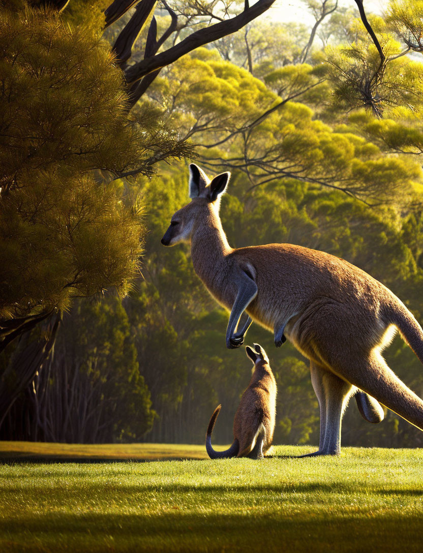 Kangaroo and joey in serene forest setting
