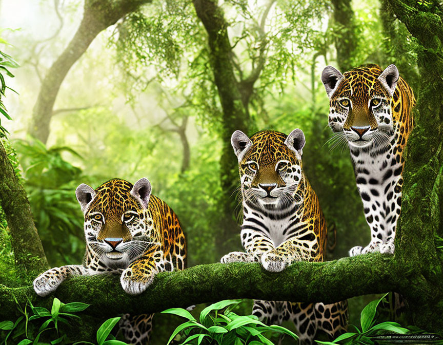 Three leopards lounging on tree branch in green forest with misty atmosphere