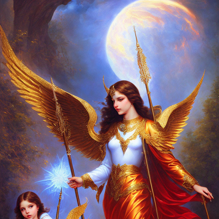 Fantasy illustration of angel with golden wings and armor holding a spear under full moon