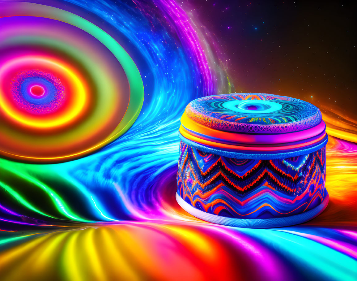 Colorful Psychedelic Round Box on Neon Swirl Background