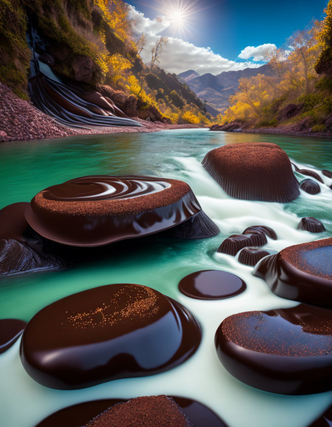 Surreal river with chocolate-like stones in autumn landscape