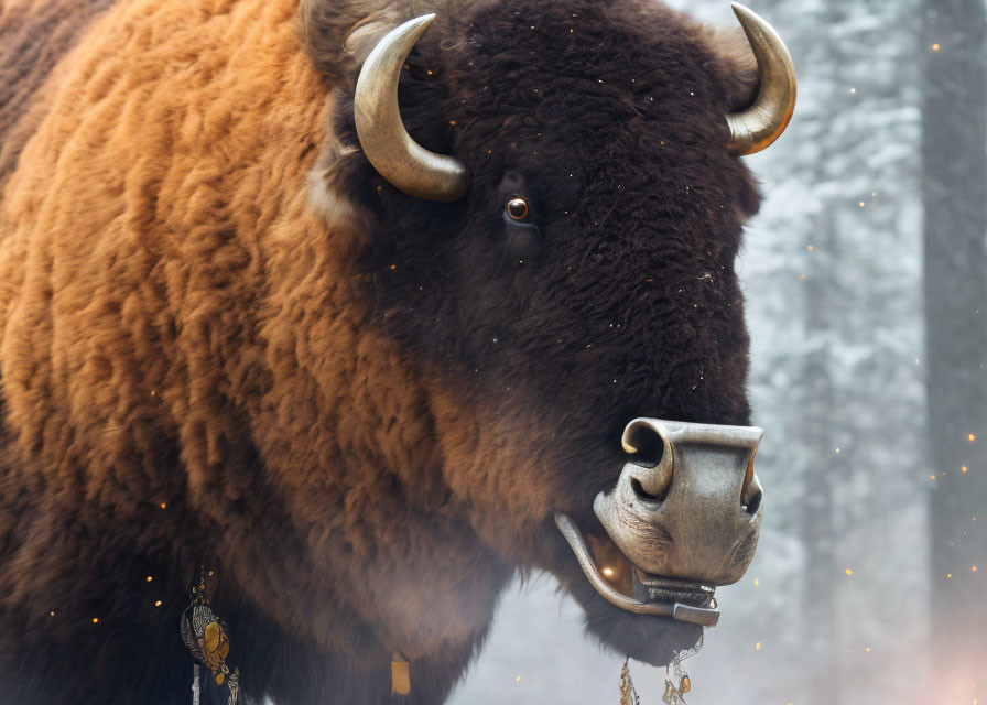 Bison with Metal Nose Ring and Ornaments in Close-up Shot