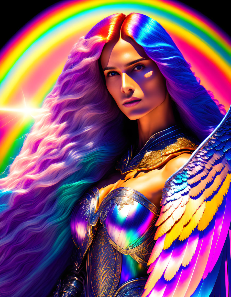 Digital Art: Female Warrior with Silver Hair and Colorful Wings on Rainbow Background