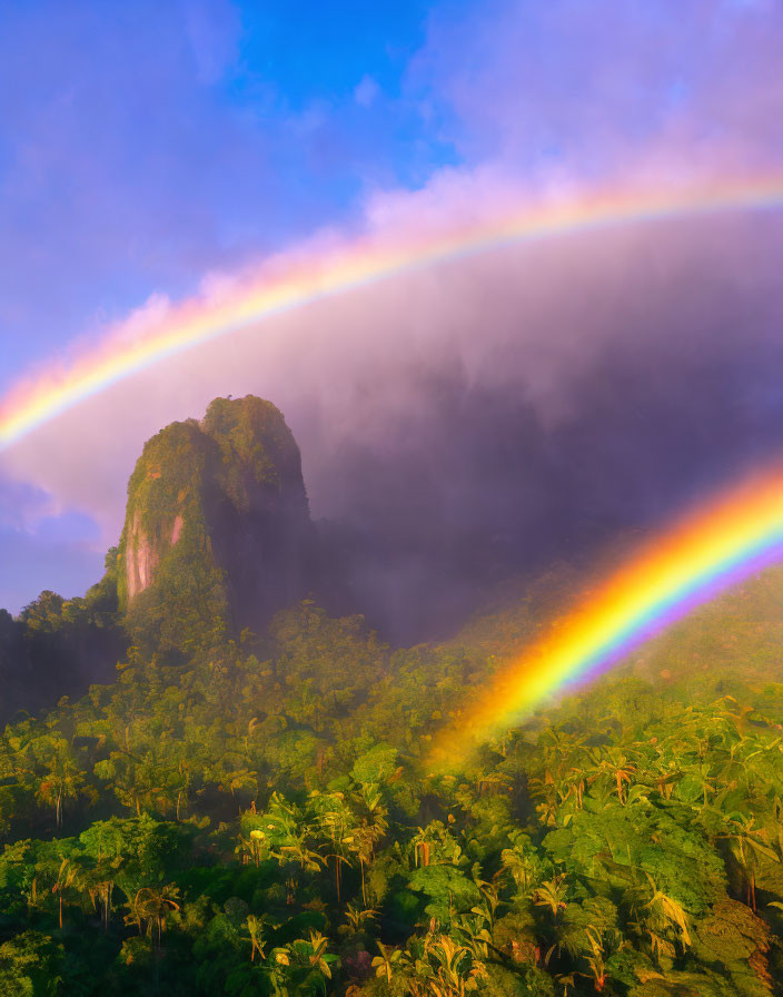 Colorful rainbow over lush tropical forest and misty mountain.