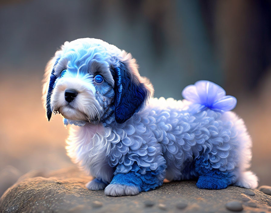 Blue-furred fantasy puppy with large eyes and a mermaid-like tail on a rock