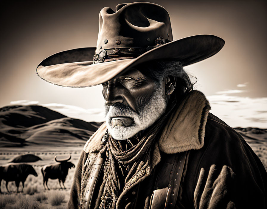 Old cowboy in large hat gazes at bison in desolate dusk landscape