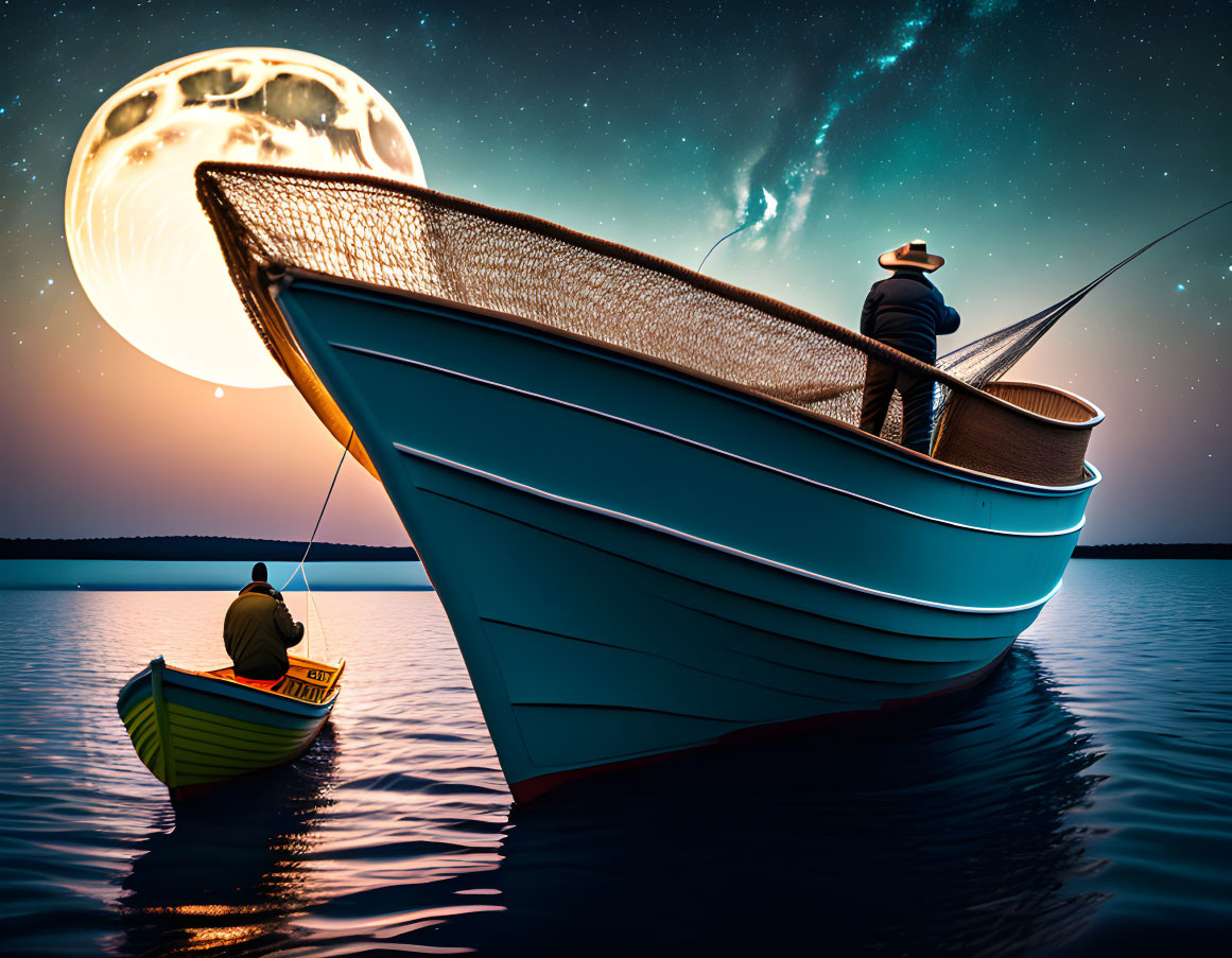 Men fishing in separate boats under starry sky with oversized moon
