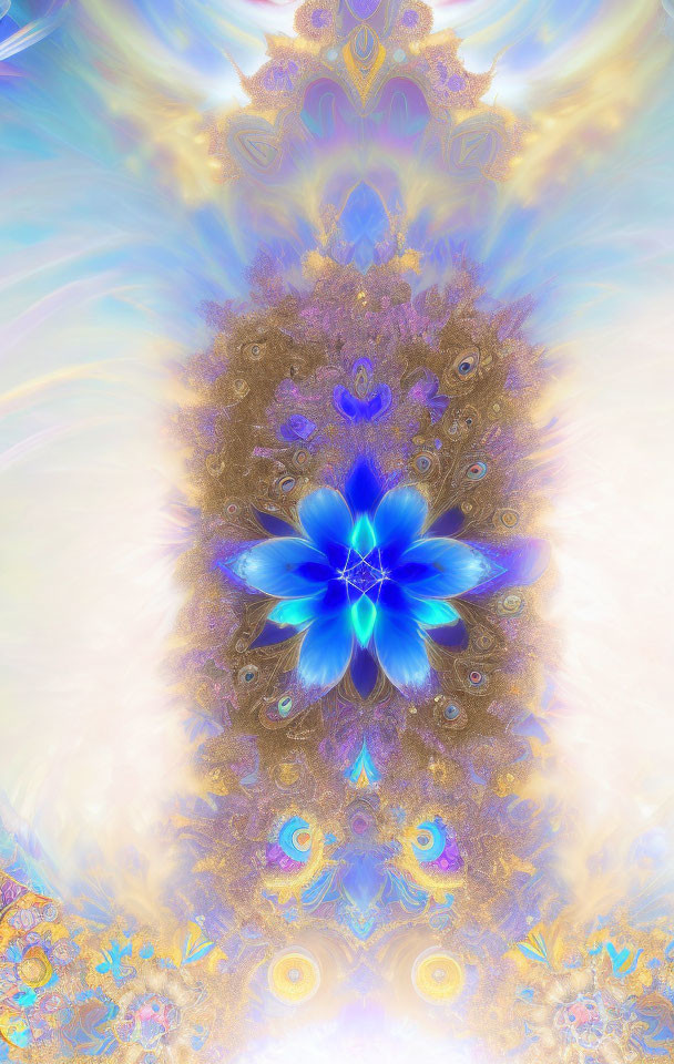 Colorful Digital Fractal Art: Blue Flower Pattern with Golden and Pastel Hues