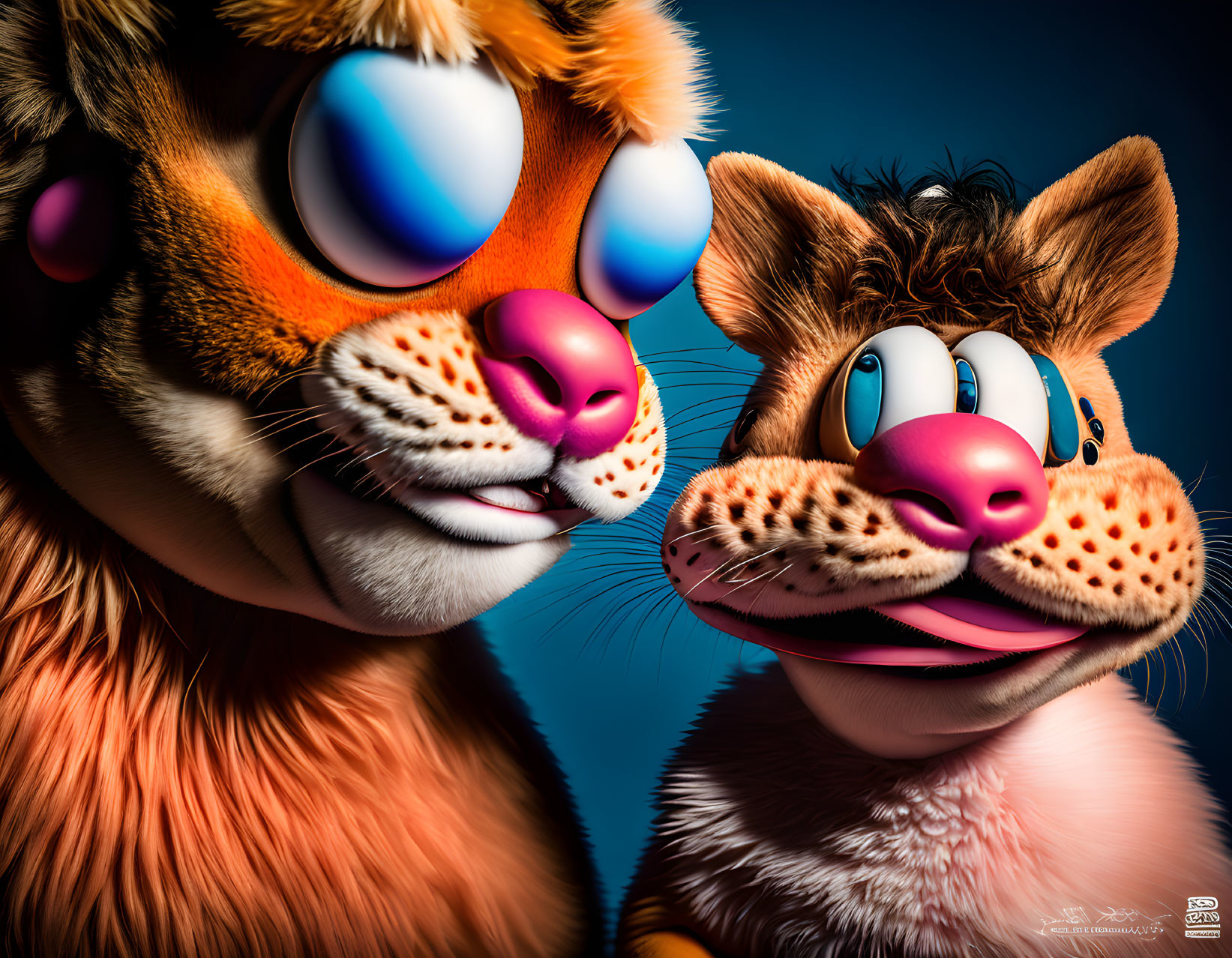 Colorful 3D-rendered tiger and lion cartoon characters on blue background