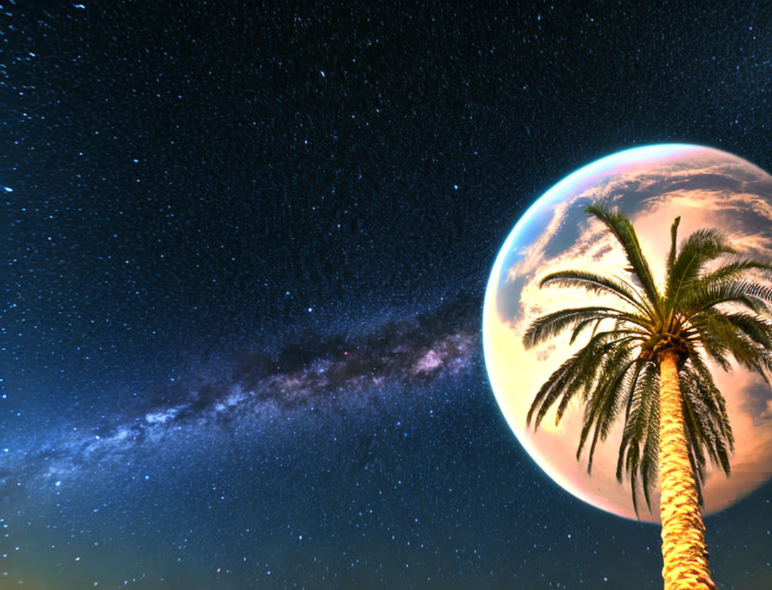 Palm tree under starry night with surreal planet rising