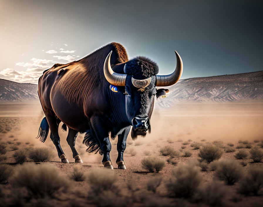 Dark-furred bull with pronounced horns in desert landscape