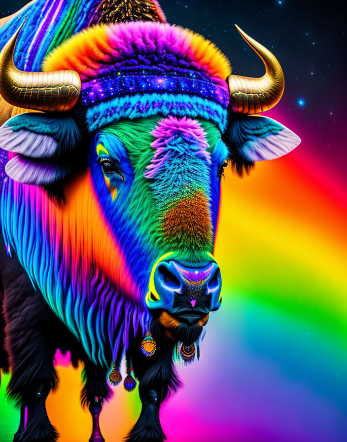 Colorful Bison with Earrings on Psychedelic Rainbow Background