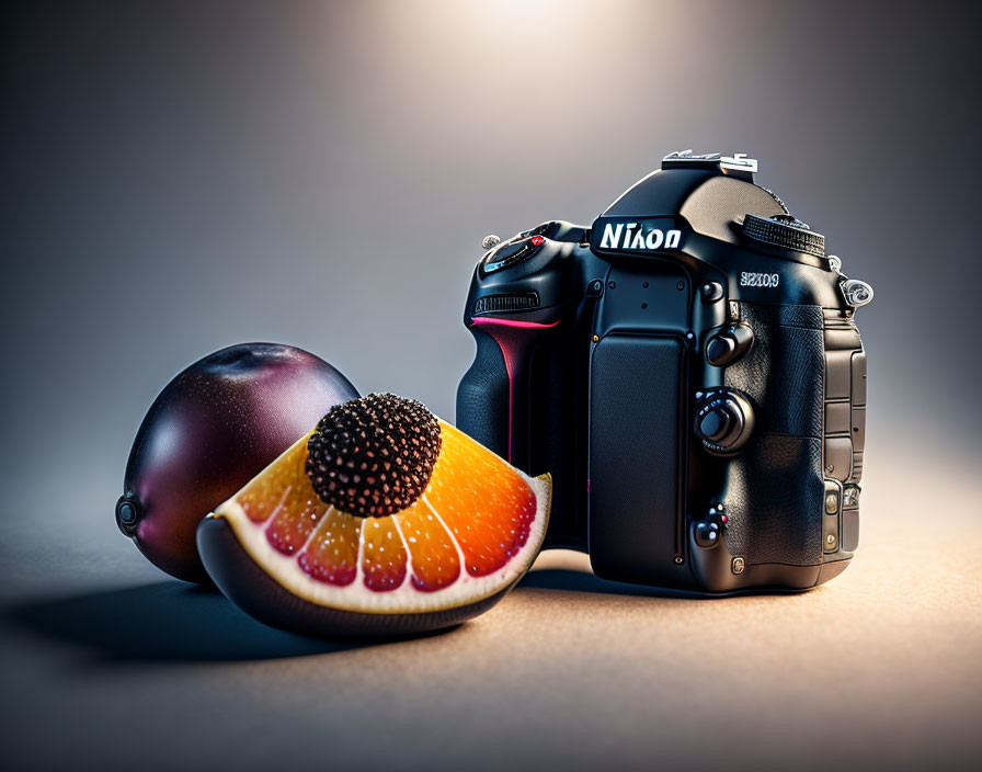 Nikon DSLR Camera with Sliced Exotic Fruit on Moody Gradient Background