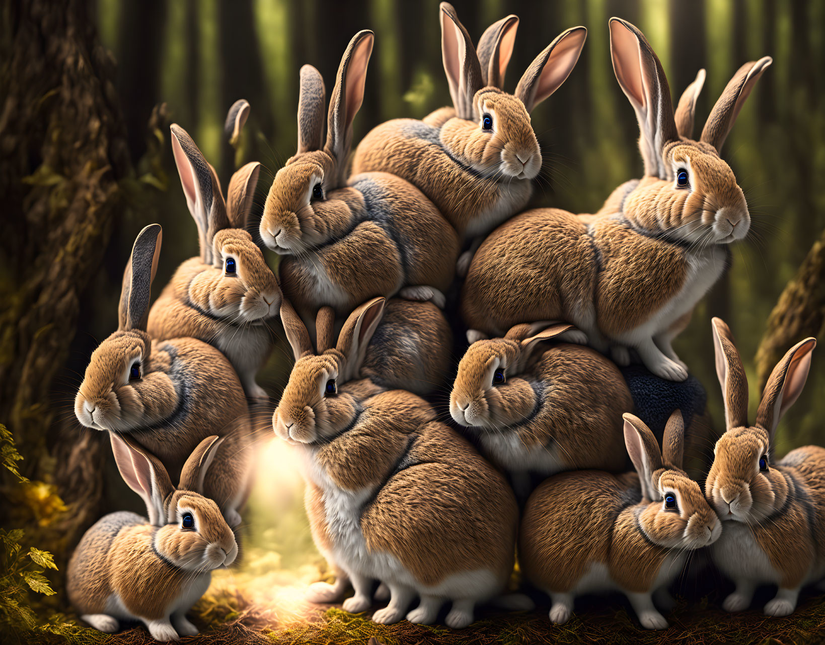 Realistic brown rabbits huddled in forest with soft lighting