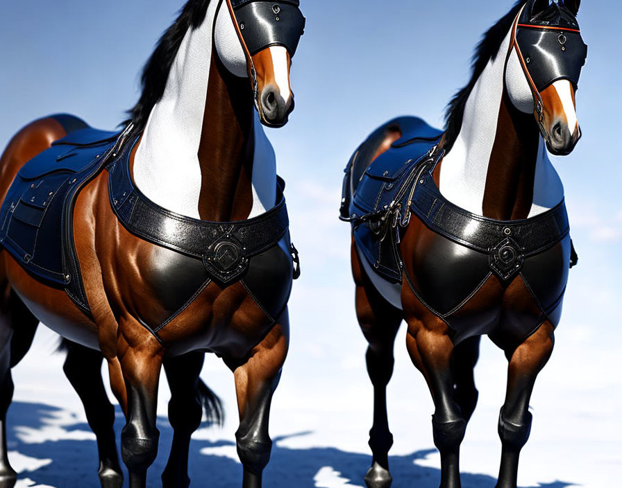 Two horses with shiny coats and blue saddles standing under clear blue sky