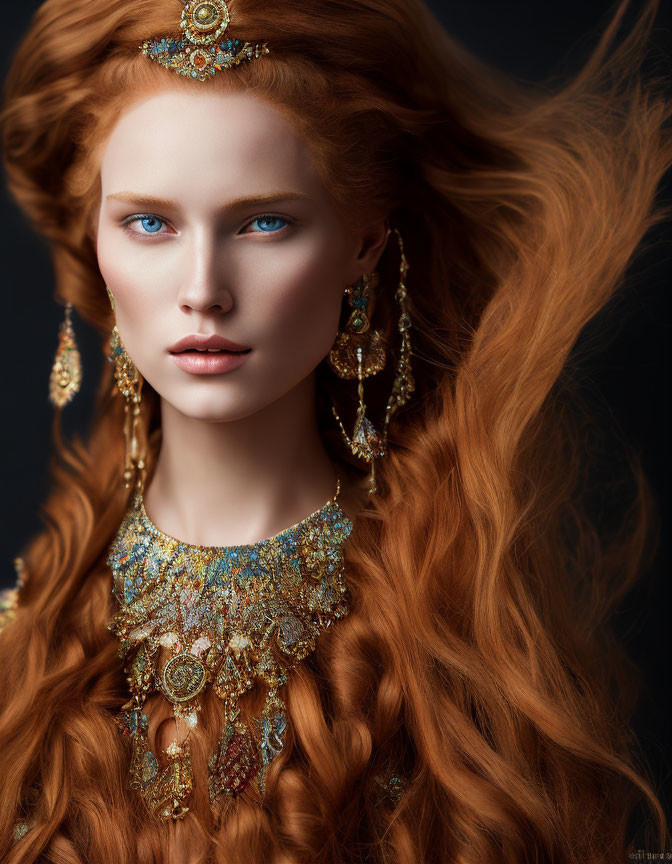 Woman with Blue Eyes and Red Hair in Gold Jewelry