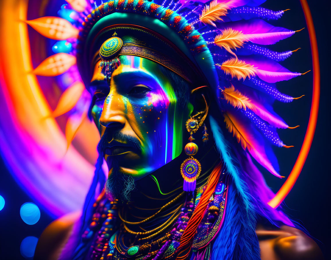 Vibrant Native American headdress with neon lighting and colorful feathers