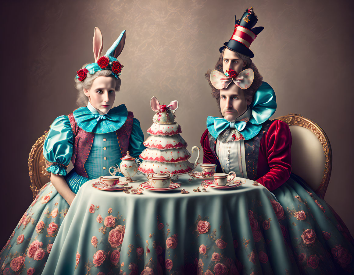 Whimsical Alice in Wonderland-themed costume photo with cake and tea.