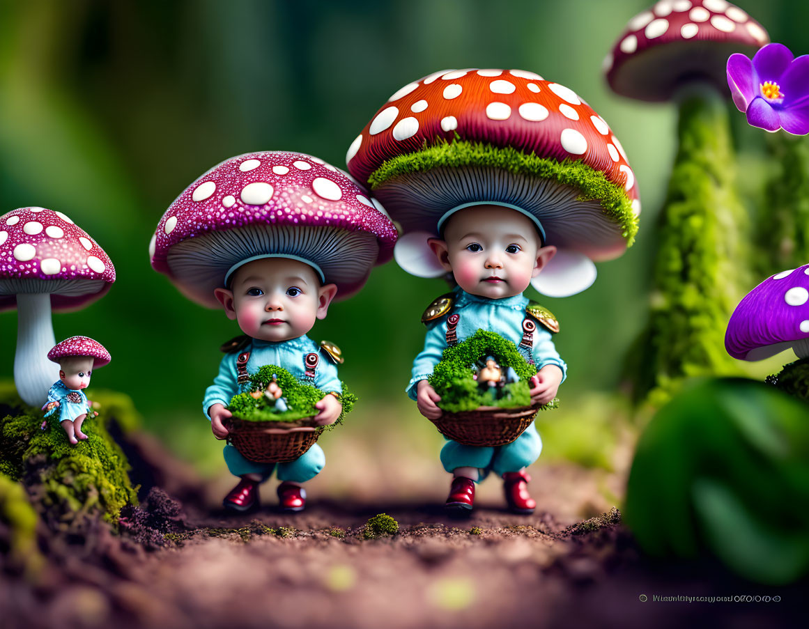 Children with mushroom hats in enchanted forest among oversized plants