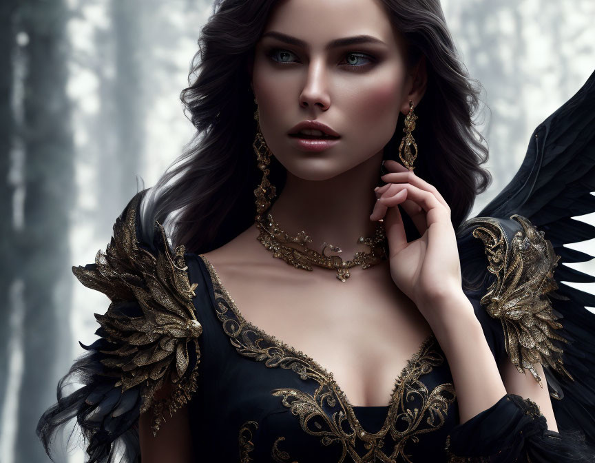 Fantasy-themed image: Woman with dark angel wings in black and gold attire against misty forest.