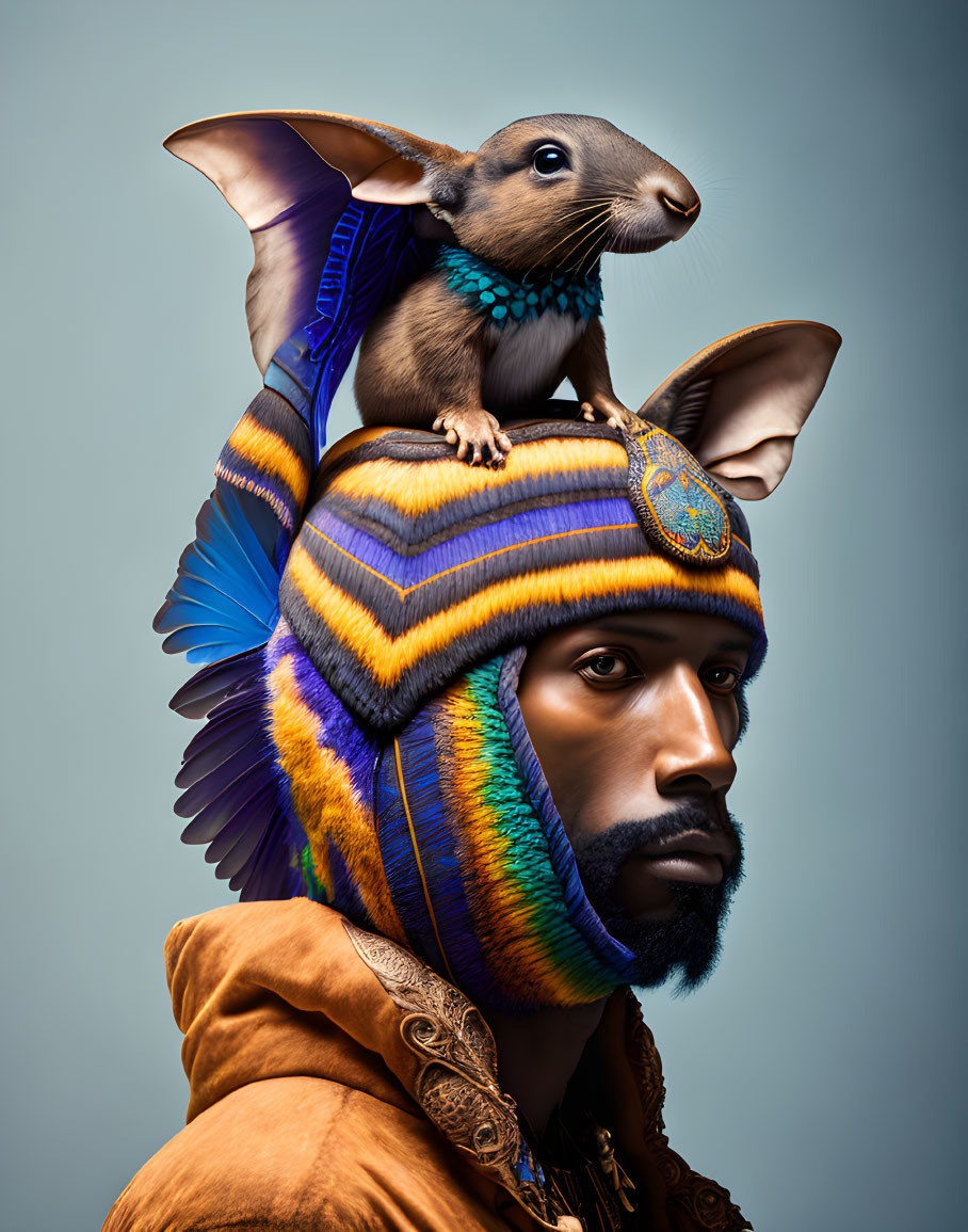 Bearded man in colorful headdress with bird wing, accompanied by photorealistic bilby