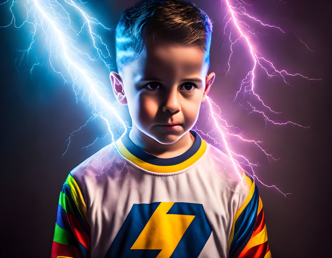 Colorful Shirt with Lightning Bolt Design on Young Boy Standing Confidently