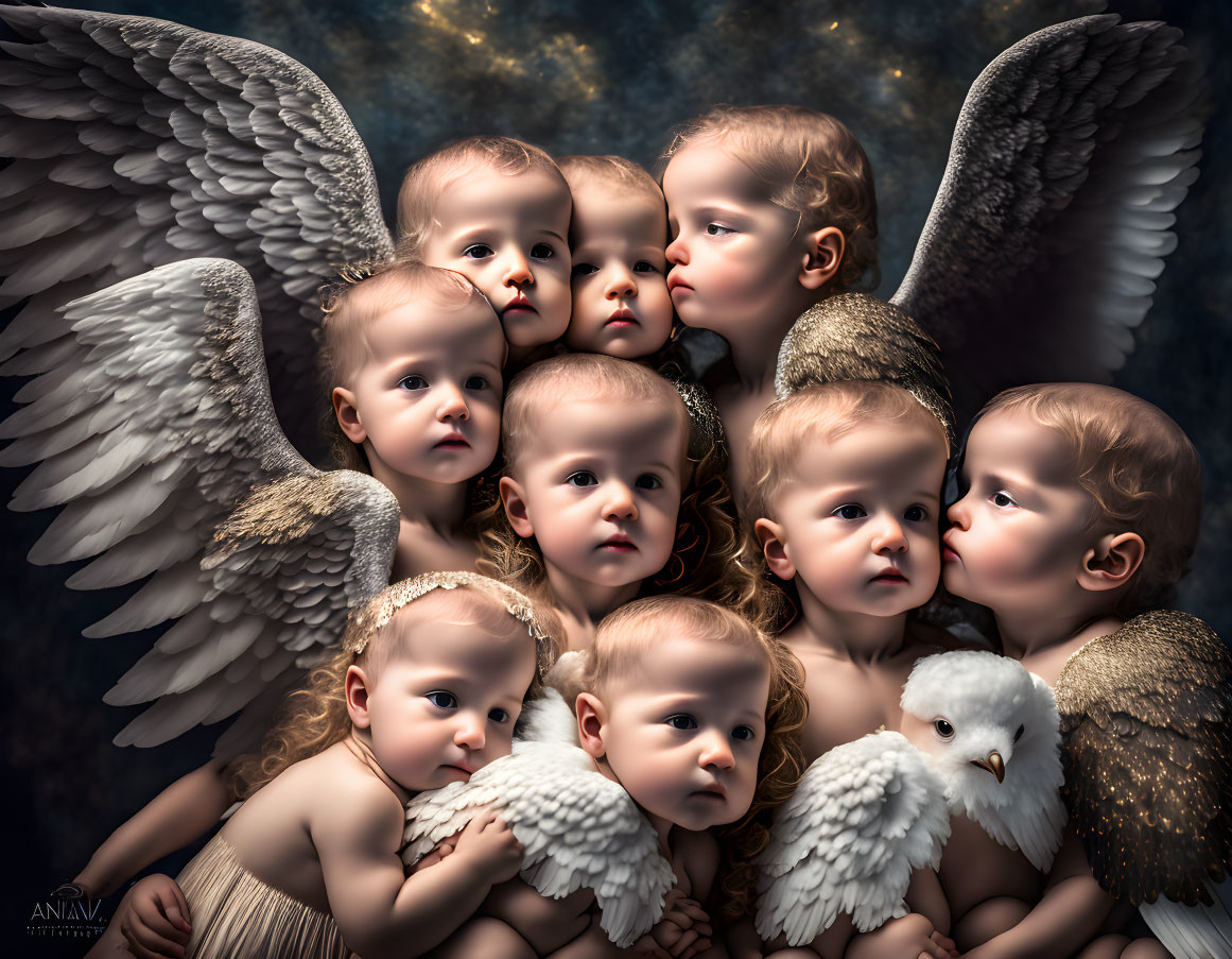 Babies with angel wings in gold attire on celestial background
