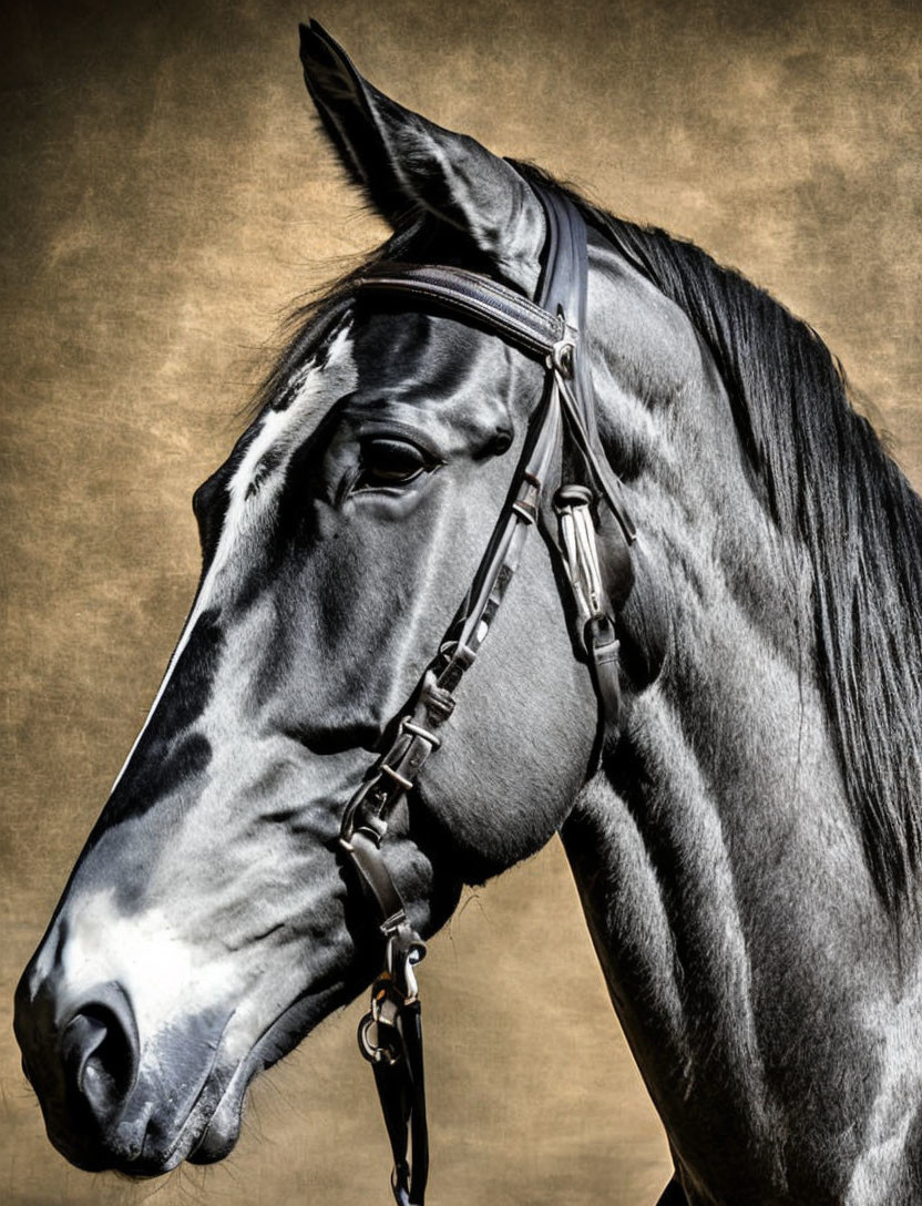 Dark horse with braided mane in halter on textured tan background