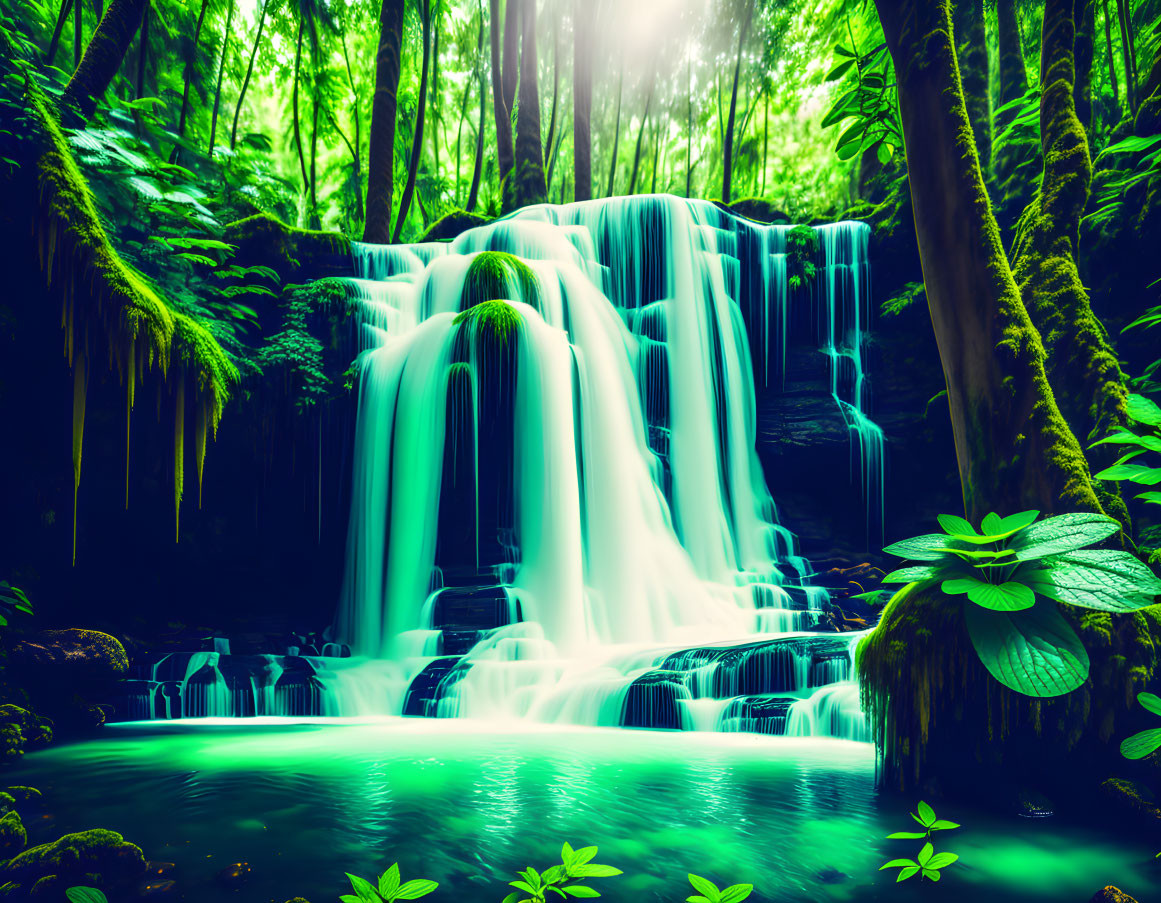 Serene forest scene with cascading waterfall and vibrant foliage