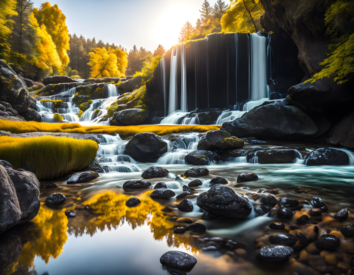 Autumn waterfall with multi-level cascades and serene sunset reflection