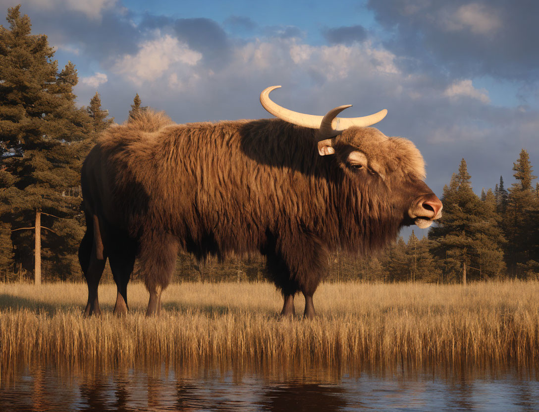 Brown-haired muskox in golden field with evergreen backdrop at dusk