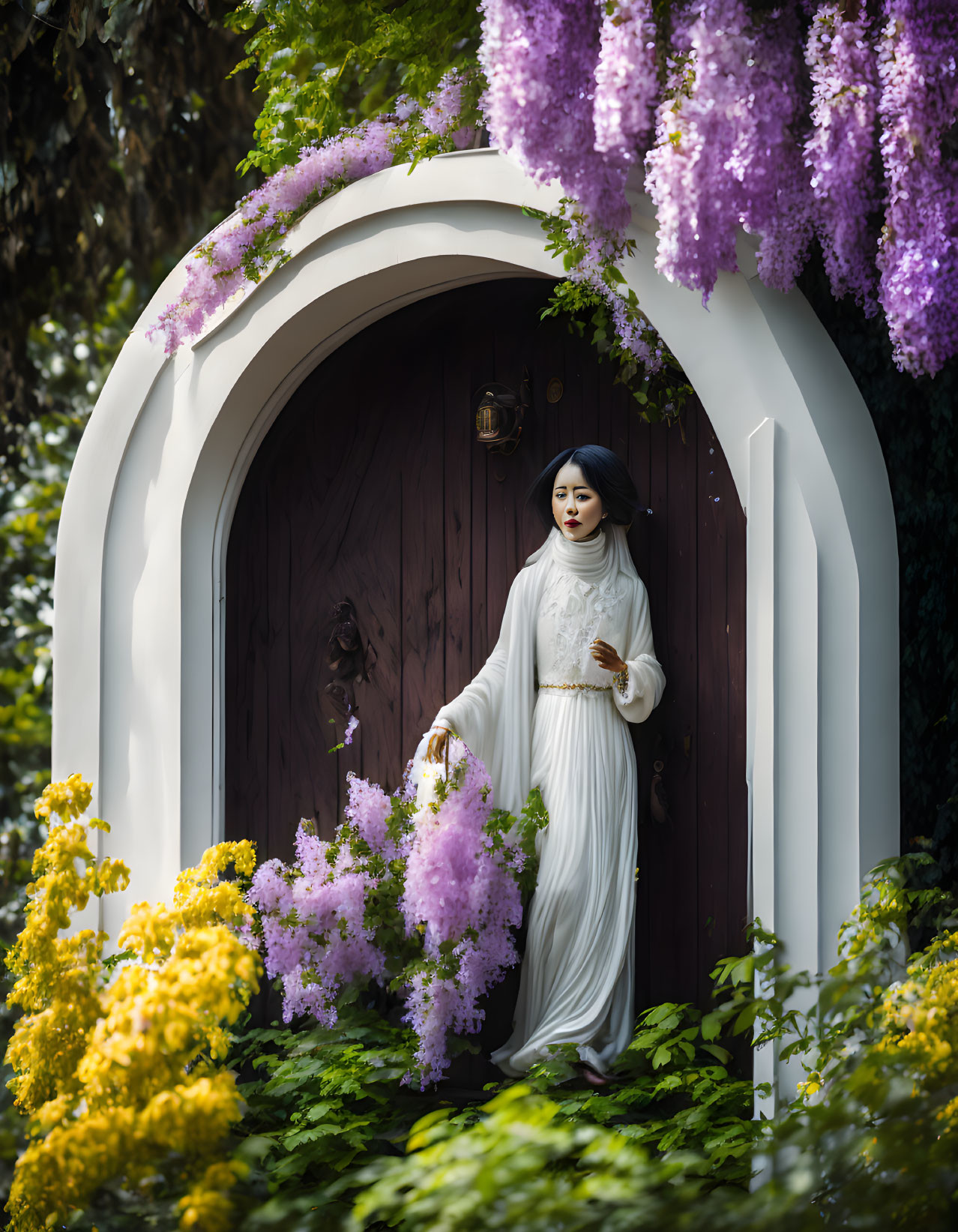 Woman in white dress surrounded by purple and yellow flowers in whimsical doorway