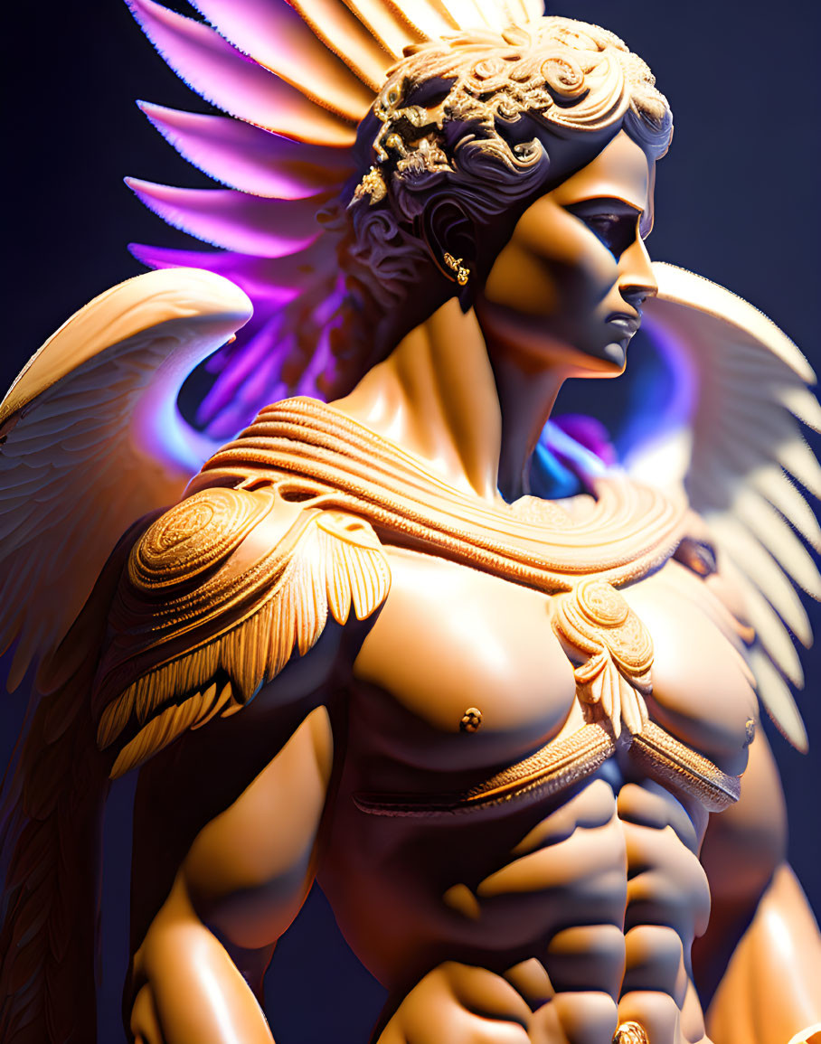 Majestic winged angel in detailed armor with dramatic backlight