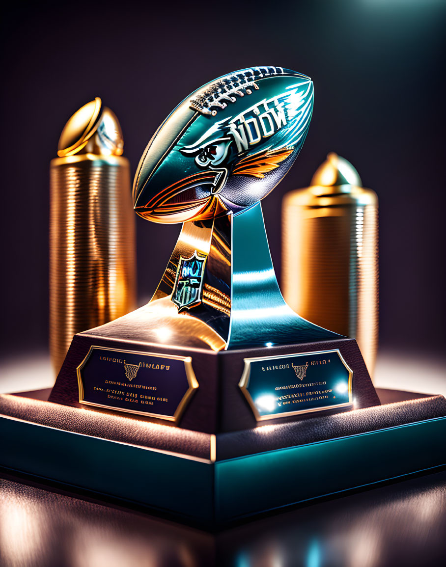 Ornate football trophy with team logo on ball and golden columns on platform