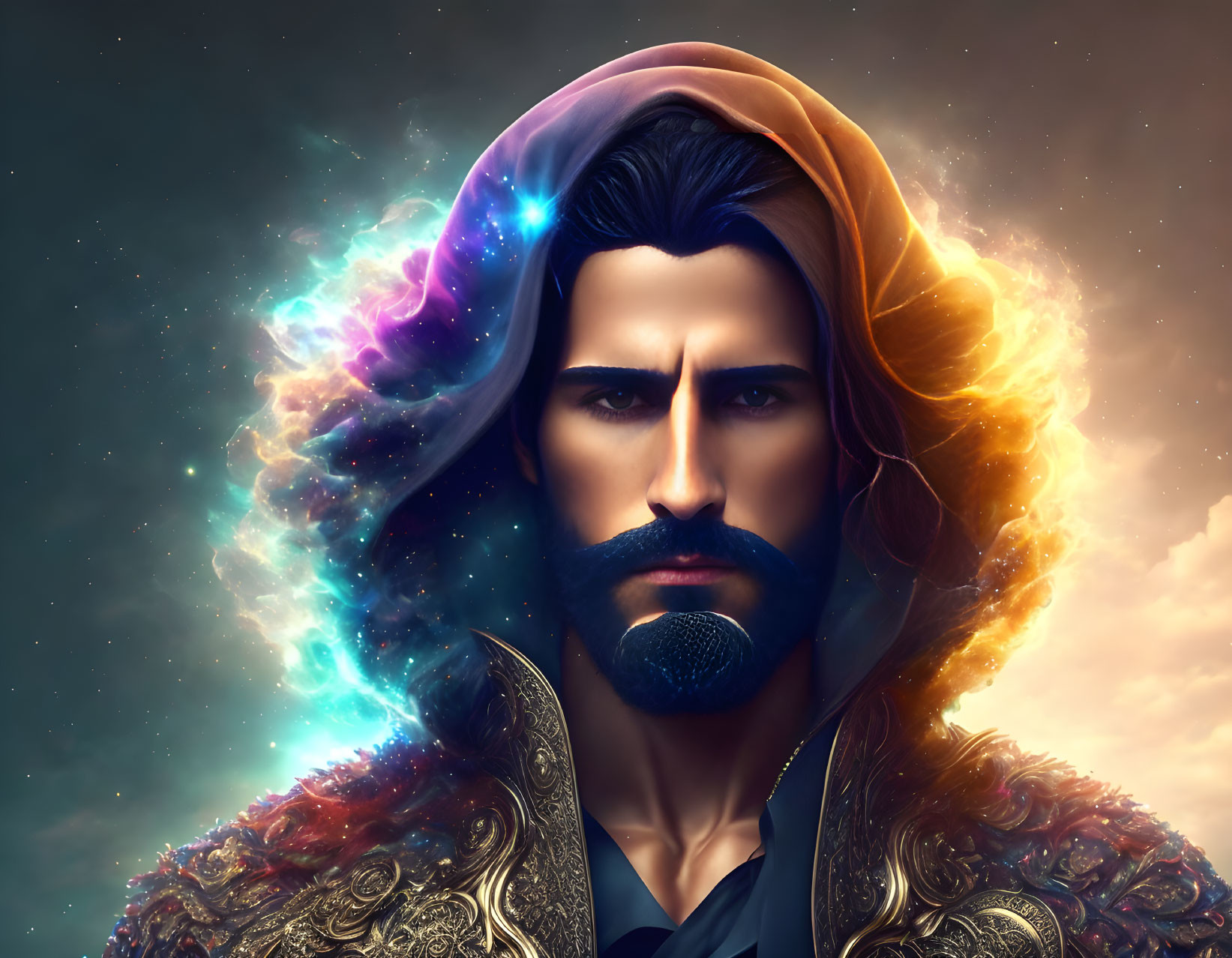 Man with Cosmic Aura: Intense Eyes, Beard, Ornate Clothing