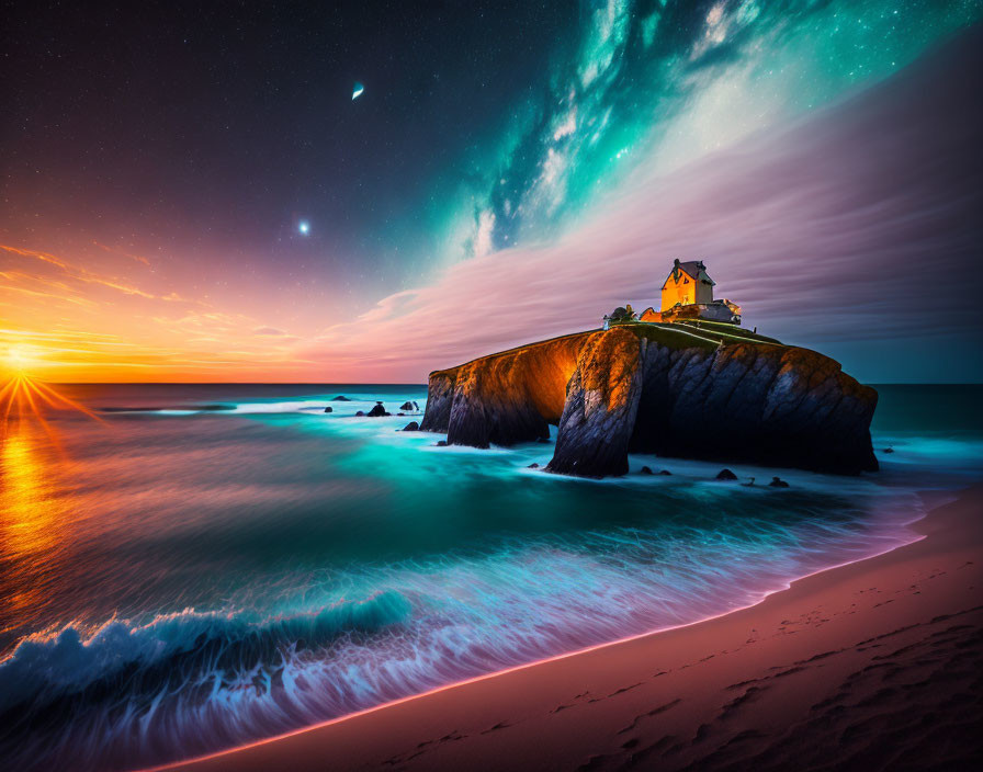 Cliffside house with sunset sky, aurora, and beach waves