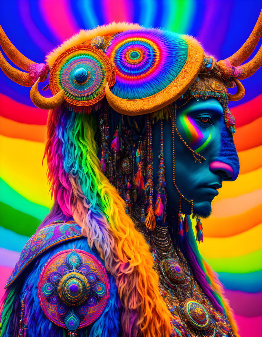 Vibrant portrait with body paint and horned headdress on rainbow backdrop