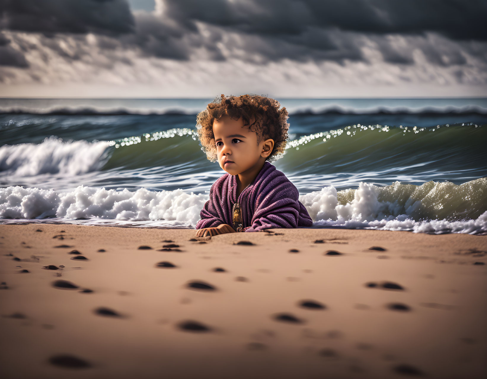 Curly-Haired Child Sitting on Beach Blanket, Gazing at Waves