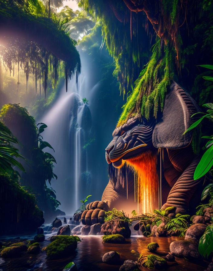 Majestic dragon in ethereal jungle with misty waterfalls